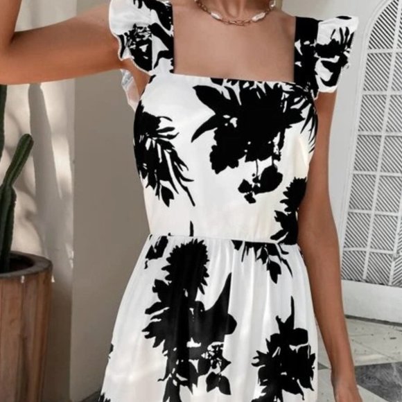 black floral butterfly sleeve ruffle hem tie back dress - Picture 5 of 8
